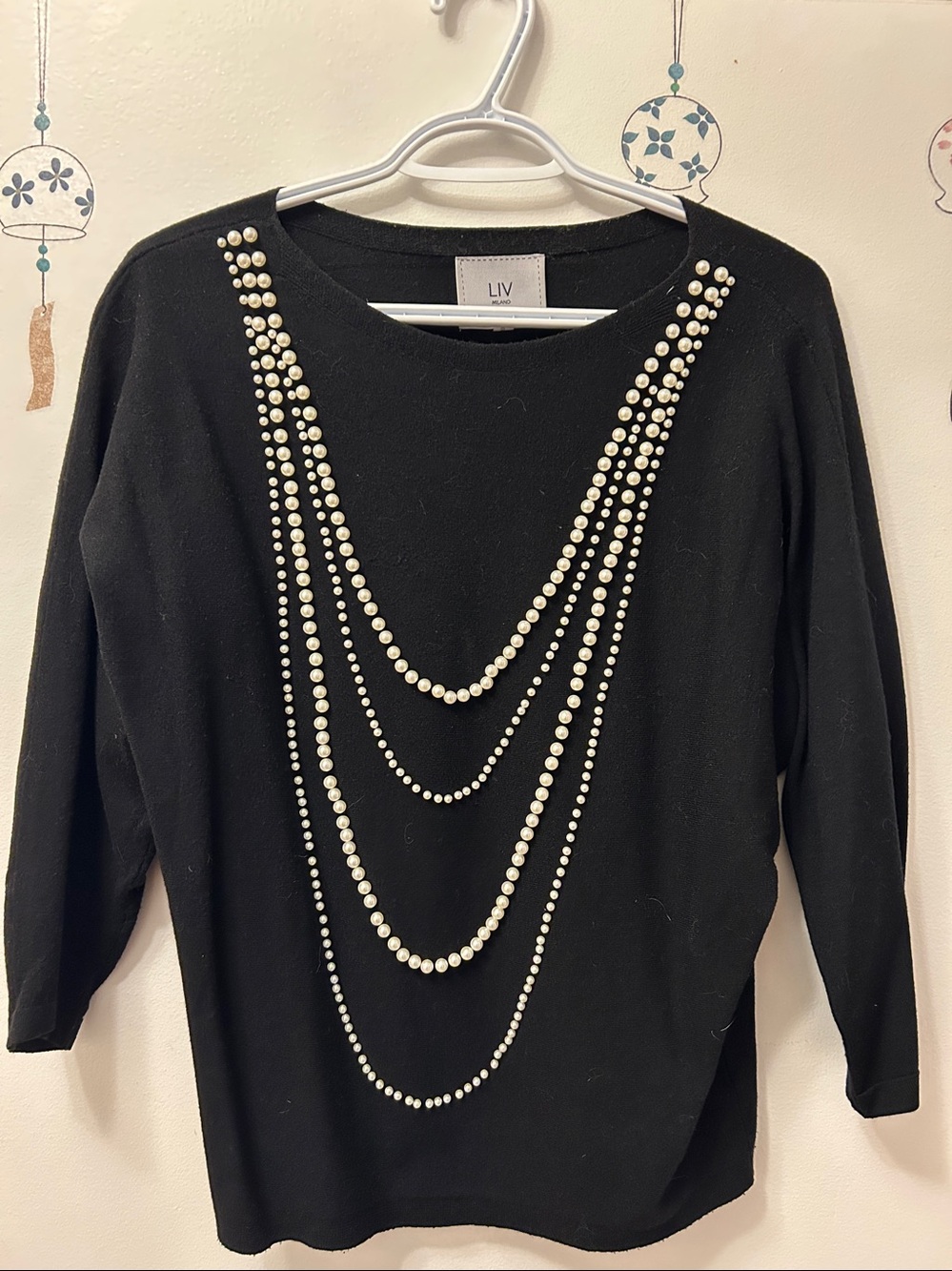 Milano Black Sweater with Faux Pearl Bead Chains